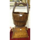 A metal-covered wooden milk pail, 36.5cm diameter, 48cm high overall, a wooden bowl and other wooden