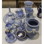 A collection of modern Wedgwood blue and white jasperware, including a three-piece tea service,