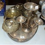 A large plated oval galleried tray, a plated epergne and other plated ware.