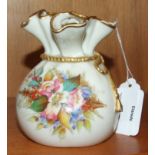 A Royal Worcester posy vase in the form of a sack with gilt-tied rope and decorated with flowers,