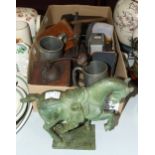 A modern verdigris metal model of a horse, walking sticks a 20th century fabric tapestry and