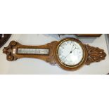 An oak-cased banjo barometer/thermometer, 90cm, (a/f, bezel loose).