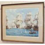 After Montague Dawson, 'The Battle of Trafalgar', a framed coloured print, 78 x 93cm, signed in