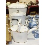 An enamel bread bin and cover, 33cm high, a water can, flour container and cover and a chamber pot.