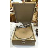 A portable table-top gramophone fitted with an HMV no.4 sound box, 41 x 28.5cm, 15cm high.