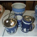 A Wedgwood blue and white jasperware biscuit barrel decorated with classical figures and with plated