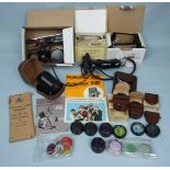 Rolleiflex prism view finder, in case, Rollei plate adapter and other accessories, mainly boxed/