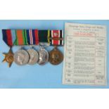 A group of five WWII medals awarded to: 4687676 Bugler Leon Cooper 4th Battn K.O.Y.L.I, 1939-45