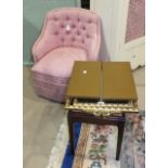 A modern upholstered tub chair, (complies with fire regulations), a gilt frame triptych mirror and a