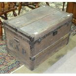 A wooden hessian-covered chest with metal mounts and wooden slats, 77cm wide.