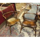 A pair of elm Windsor chairs with crinoline stretchers, (2).