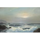 Peter Cosslett, 'Waves breaking onto rocks', a signed oil painting on canvas, 49 x 75cm.