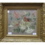 A needlework panel of two parrots amongst flowers and leaves, 28 x 33cm, in gilt frame.