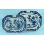 An 18th century Chinese Export blue and white octagonal dish decorated with figures on a bridge in a