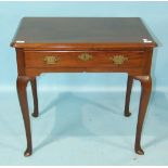 An antique mahogany lowboy, the rectangular top above a frieze drawer, on cabriole legs, 77cm wide.