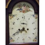 An early-19th century mahogany-cased long case clock with arch painted dial having calendar aperture