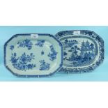 An 18th century Chinese Export blue and white octagonal dish decorated with figures on a bridge