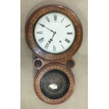 A late-Victorian inlaid walnut drop-dial clock, the circular white dial and bell-striking movement