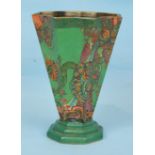 A Crown Devon vase of tapering octagonal form decorated with a dragon, pagoda and flowers, on a