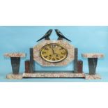 An Art Deco marble clock set, the marble case clock surmounted by two swifts above the oval gilt