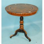 A Continental parquetry circular occasional table, the top with box inlay, on turned column and