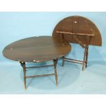 Two stained wood folding hunting tables, each circular top on turned X-frame, labelled 'Thornton &