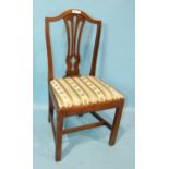 A set of six country-made elm Hepplewhite-style dining chairs, each with pierced splat and drop-in