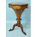 A Victorian octagonal rosewood work box with fitted interior, on tripod supports, 47cm high.