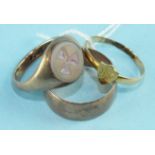A 9ct gold signet ring set a hard stone cameo with propeller motif, size N, a small 18ct gold ring