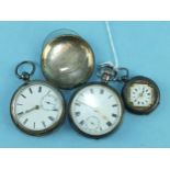 A gentleman's silver keyless open-face pocket watch, the white enamel dial with Roman numerals and