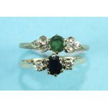 A sapphire and diamond ring with 9ct gold mount, size L and another set emerald and diamonds, size