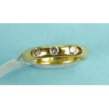 An 18ct yellow gold ring set three brilliant cut diamonds, size K, 4.8g.