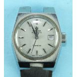 Omega, a ladies Automatic wrist watch with silver face, baton numerals and date aperture with