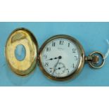 Waltham, a gold-plated half-hunter-cased keyless pocket watch, the white enamel dial with Arabic