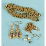 A pair of 9ct gold earrings set amethysts, a pair of pearl ear studs, a gilt metal bracelet and
