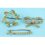 A 9ct gold wreath brooch set turquoise and seed pearls, a 9ct gold and seed pearl bow brooch and a