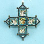 A micro-mosaic brooch/pendant of cross form decorated with four doves and grapes, 37mm across, (