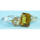 A 9ct gold ring set scissors-cut synthetic yellow sapphire, size M and an 18ct white gold ring set
