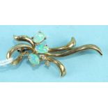 A 9ct yellow gold brooch of ribbon design set three oval water opals and two diamond points, 4.3g.