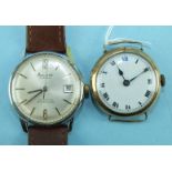 A gentleman's 9ct-gold-cased wrist watch with white enamel dial and Roman numerals, with plated