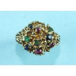 A 9ct gold cluster ring randomly-set sapphires, rubies and emeralds, size N, 5.3g.
