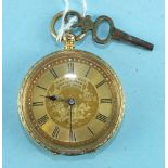 A "Kay & Co" 18ct gold cased key-wind pocket watch, the floral engraved dial with Roman numerals