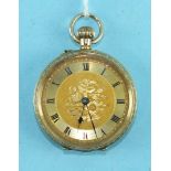 A ladies keyless open-face pocket watch, the engraved gold dial with Roman numerals, in engraved