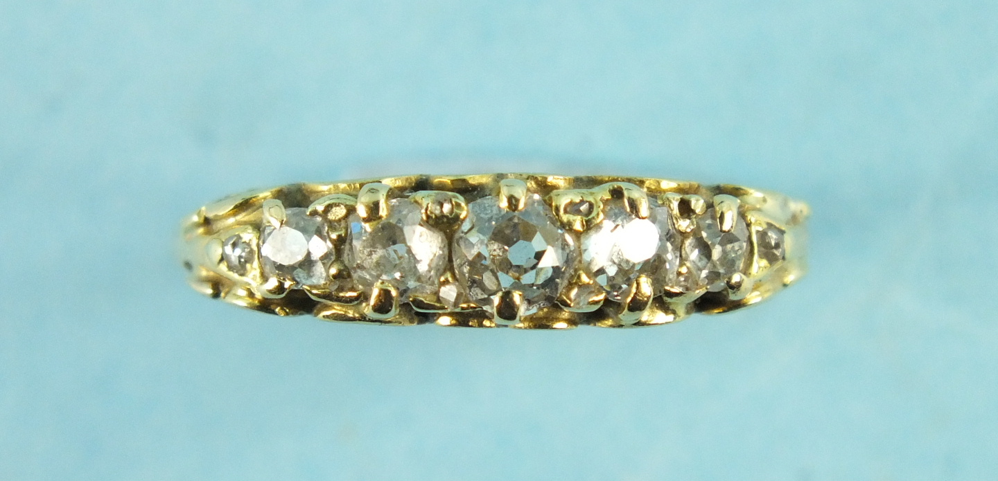 A Victorian five-stone diamond ring, the graduated old-cut diamonds claw set with diamond points - Image 2 of 2
