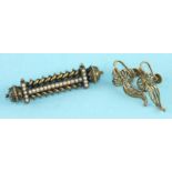 A bar brooch set seed pearls, with cannetile decoration and a pair of 9ct gold open-work earrings (