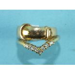 An 18ct gold ring set seven brilliant-cut diamonds, size M½, 2.2g and an 18ct gold buckle ring, size