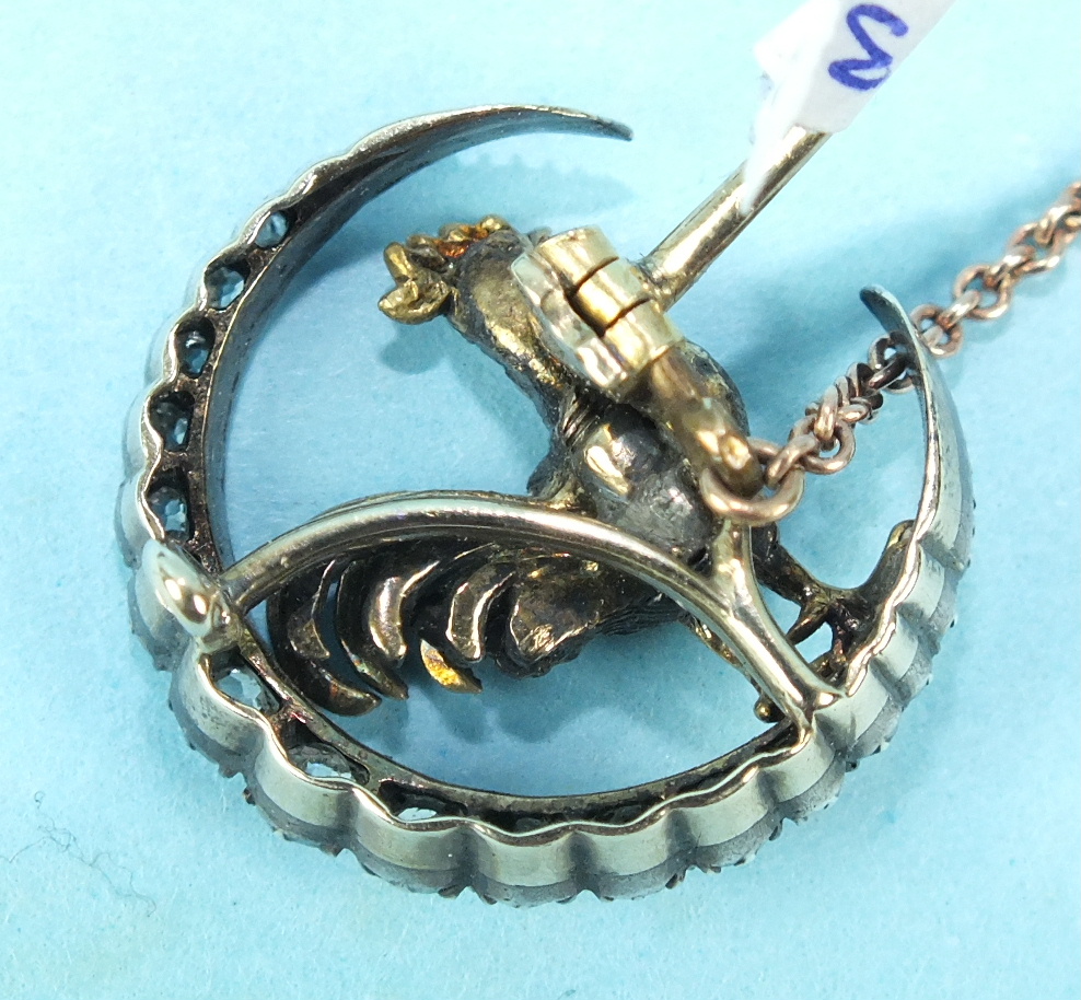 A Victorian diamond brooch in the form of a cockerel within a crescent moon, the silver cockerel set - Image 2 of 4