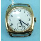 Longines, a gentleman's 1940's 9ct gold cased wrist watch of cushion shape, the circular white