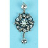 A Victorian pearl and diamond pendant centrally-set a pearl and eight collet-set old brilliant-cut