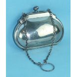 A small silver ladies purse with chain suspension and moiré silk interior, Birmingham 1918.